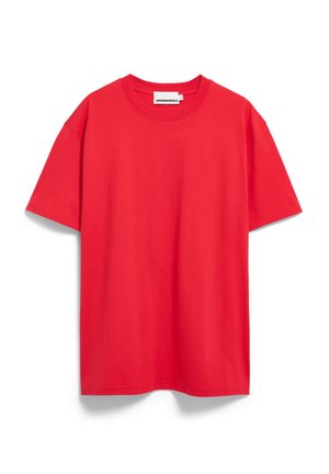 Rotes Baumwoll-T-Shirt mit kurzen Ärmeln, Rundhalsausschnitt und einem lockeren Schnitt. Glatte Textur, keine sichtbaren Muster oder Verzierungen.