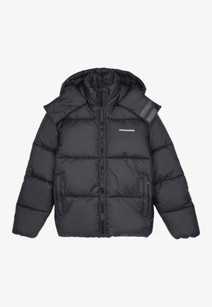 Doudoune noire avec capuche, dotée d'une fermeture éclair à l'avant, de deux poches latérales et d'un petit logo sur la poitrine. Design texturé et matelassé.