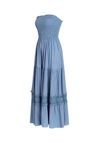 Abito maxi blu con corsetto arricciato e gonna a strati. Il tessuto è leggero con un bordo in pizzo testurizzato all'orlo.