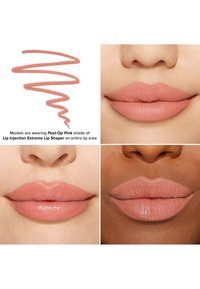 Lipinjectie Extreme Lip Shaper in Post-Op Pink; toont drie lipclose-ups met verschillende huidskleuren, die een matte, zachte roze tint weergeven.