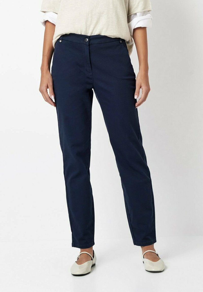 Navy blue cotton blend pants with a straight-leg cut, featuring a button and zipper closure, side pockets, and a smooth texture.