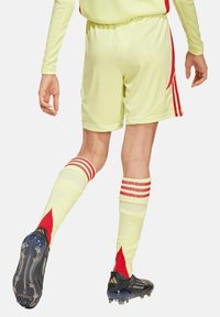 Gele sportshorts met rode strepen, gecombineerd met kniehoge sokken met rode accenten en een zwarte voetbalschoen met een gestructureerd oppervlak.