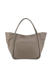 Grande borsa tote in pelle taupe con texture liscia, design minimalista e due manici allungati per il trasporto.