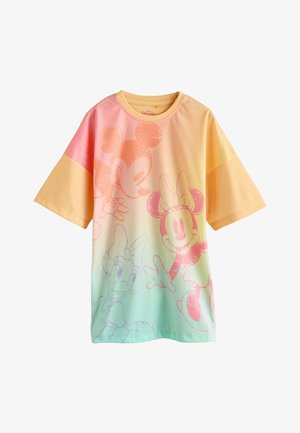 Trumpomis rankovėmis gradientinė marškinėliai pastelinėmis spalvomis (rožinė, geltona, mėtinė), su linijiniais piešiniais, vaizduojančiais Mikį, Minę ir Dėzią Antį.