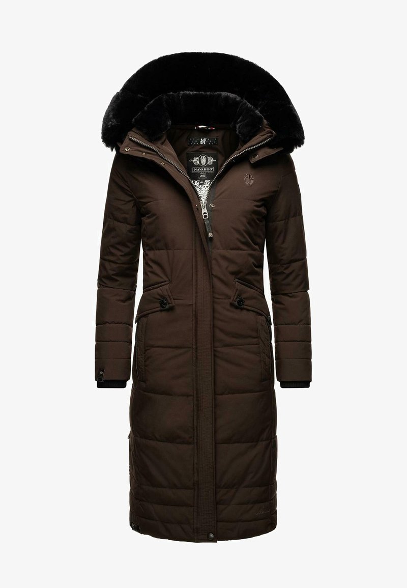 Brown padded coat with a fur-lined hood, featuring side zip pockets, adjustable straps, and a sturdy front zipper. Horizontal quilted pattern.