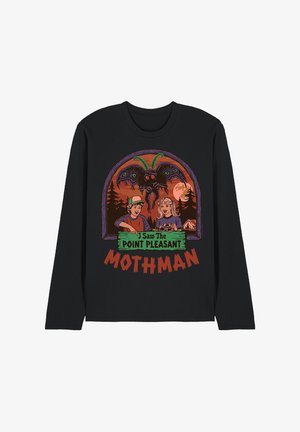 Schwarzes Langarmshirt mit einer Karikatur von zwei Kindern, die ein Schild mit der Aufschrift "Ich habe den Point Pleasant Mothman gesehen" halten, darunter ein großer Mothman mit leuchtenden Augen.
