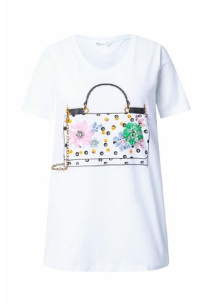 Bílý tričko s potiskem designu kabelky, který je zdobený barevnými květinovými motivy, zlatými akcenty a černým obrysem na přední straně.