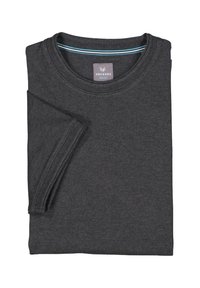 Dunkelgraues T-Shirt aus weichem Stoff, mit Rundhalsausschnitt, kurzen Ärmeln und einem subtilen gestreiften Akzent im Kragen.