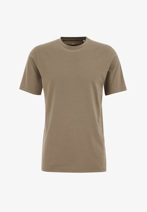 Lühikeste käistega t-särk khaki värvuses, pehmest puuvillast, ümmarguse kaelusega ja sileda, ühetoonilise tekstuuriga ilma mustrite või aktsentideta.