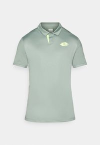 Light green polo shirt made of smooth fabric, featuring a collar, short sleeves, and a small neon logo on the chest.