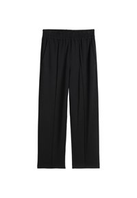 Pantalons noirs à jambes larges en tissu doux, dotés d'une taille élastique et de poches latérales, avec une texture lisse et sans motifs visibles.