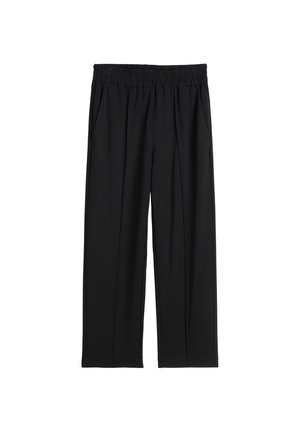 Zwarte wijde broek gemaakt van zachte stof, met een elastische tailleband en zijzakken, met een gladde textuur en zonder zichtbare patronen.