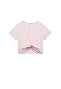 Lys pink cropped top med korte ærmer, dyb V-udskæring og snoet frontdetalje. Fremstillet af et glat, strækbart materiale.