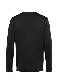 Sudadera negra de manga larga con cuello redondo vista desde atrás, con tela lisa y uniforme, y puños y dobladillo de canalé.
