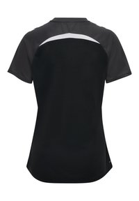 Zwart sportshirt met korte mouwen. Heeft een gladde textuur en een witte accentpaneel op de bovenrug. Ontspannen pasvorm.