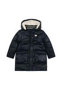 Schwarzer gepolsterter Wintermantel für Kinder mit Kapuze, gefüttert mit weißem Fleece und einem kleinen Bären-Patch auf der Brust, ausgestattet mit zwei Fronttaschen.