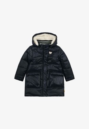 Children's black padded winter coat with hood lined in white fleece and a small bear patch on the chest, featuring two front pockets.