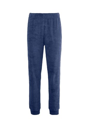 Marineblaue Fleece-Hosen mit einem elastischen Bund, schmal zulaufenden Säumen und einer weichen Textur für Komfort. Gerades Design ohne Taschen.