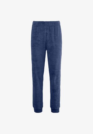 Marineblaue Fleece-Hosen mit einem elastischen Bund, schmal zulaufenden Säumen und einer weichen Textur für Komfort. Gerades Design ohne Taschen.
