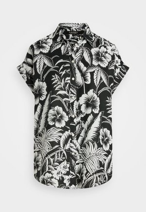 Sort kortærmet skjorte med knapper, med hvidt tropisk blomster- og løvmønster, med klassisk krave og et Lauren-mærke indeni.