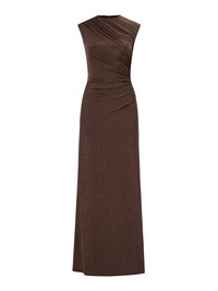 Bezroku, līdz grīdai plūstoša tumši brūna kleita ar piegulošu korseti un sānu rievām. Izgatavota no gluda, teksturēta auduma ar smalku spīdumu.