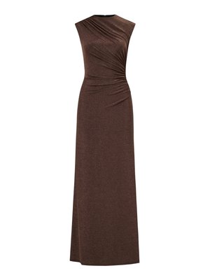 Vestido longo até ao chão, sem mangas, em castanho escuro com corpete ajustado e franzidos laterais. Confeccionado em tecido liso, texturado, com brilho subtil.