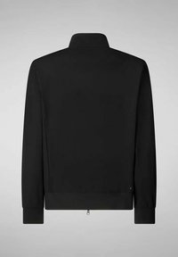 Giacca nera con colletto alto, maniche lunghe e cerniera all'orlo. Tessuto morbido con una texture liscia, senza motivi o dettagli visibili.