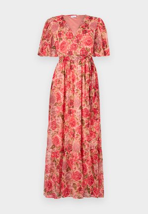 Blomstermønstret maxikjole i lett stoff, med v-hals, korte puffermer og lagdelt kant. Hovedsakelig rosa med rosemønstre.