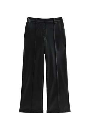 Zwarte neplederen wijde broek met plooien, voorzakken, een zachte textuur en een op maat gemaakte pasvorm. Heeft een middelhoge taille.