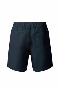 Shorts bleu marine avec taille élastique et une poche arrière unique, présentés de dos sur un fond blanc.