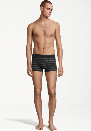 Schwarz-grau gestreifte Boxershorts mit enganliegendem Schnitt, weichem Bund und glattem Stoff. Keine sichtbaren Muster oder Grafiken.