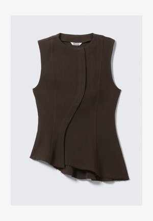 Sleeveless top in dark brown fabric; features a draped design with asymmetrical hem and smooth texture. Brand label visible inside neckline.