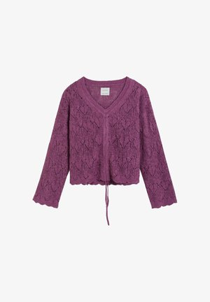 Purple knitted long-sleeve sweater with V-neck, lace pattern, scalloped edges, and a drawstring tie at the hem.