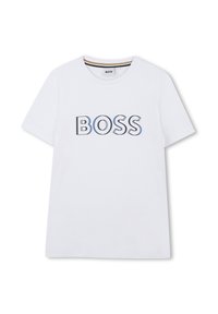 Witte katoenen T-shirt met korte mouwen, voorzien van een groot "BOSS"-logo in zwart, omrand met blauw. Ronde halslijn, casual pasvorm.