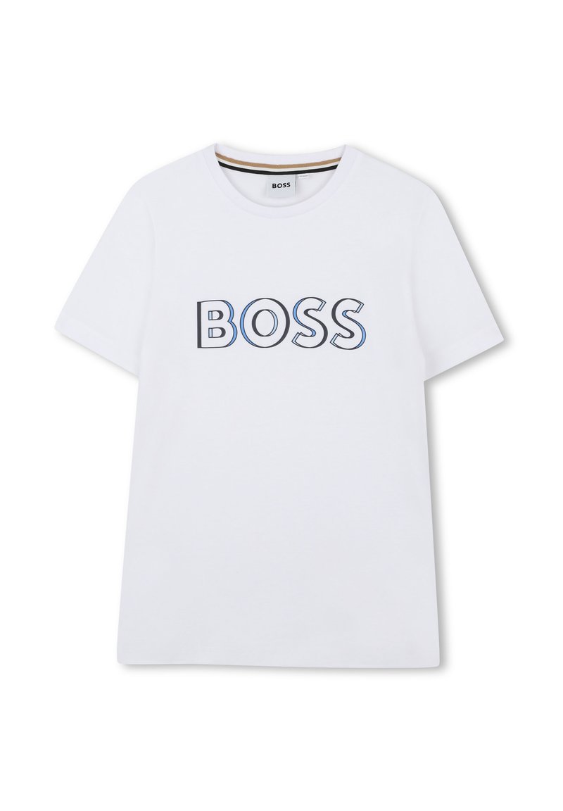 Witte katoenen T-shirt met korte mouwen, voorzien van een groot "BOSS"-logo in zwart, omrand met blauw. Ronde halslijn, casual pasvorm.