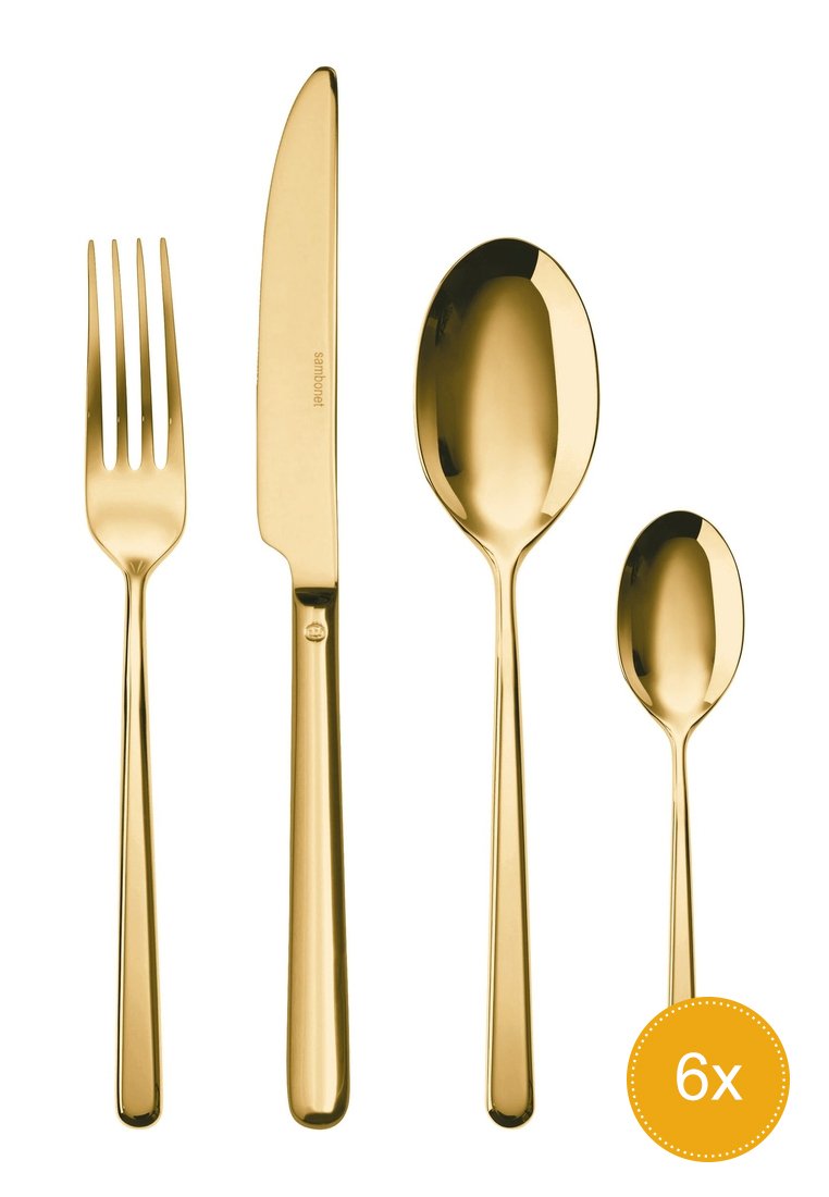 Gouden roestvrijstalen bestekset met een vork, mes en twee lepels met slanke handvatten en een gepolijste afwerking. Totaal zes stuks.