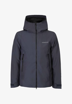 Marineblauwe waterdichte jas met capuchon, rits aan de voorkant, twee zijzakken met rits, verstelbare polsbanden en het "Didriksons"-logo op de borst.