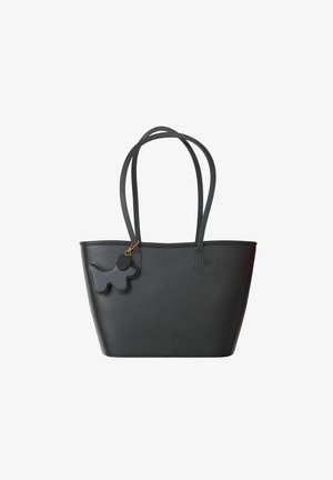 Black leather tote bag with two sturdy handles, featuring a textured finish and a black dog-shaped charm attached by a gold keyring.