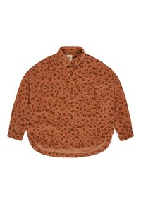 Camicia di velluto a coste color ruggine con un sottile motivo leopardato, dotata di due tasche frontali, colletto e orlo arrotondato.