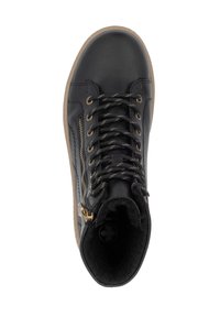Bottines hautes en cuir noir avec une finition texturée, semelle à lacets à l'avant, fermeture éclair sur le côté et semelle en caoutchouc beige. Intérieur doublé pour plus de chaleur.