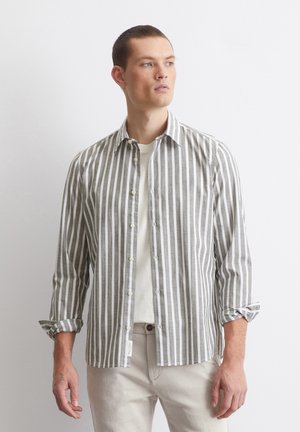 Gestreiftes Hemd in Hellgrau und Weiß, aus weichem Stoff. Verfügt über eine durchgehende Knopfleiste, einen spitzen Kragen und aufgerollte Ärmel.