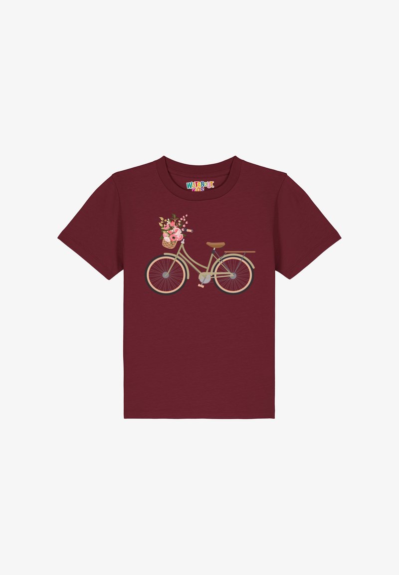 T-shirt bordeaux avec un graphique d'un vélo clair équipé d'un panier de fleurs, affichant des accents floraux roses et verts.
