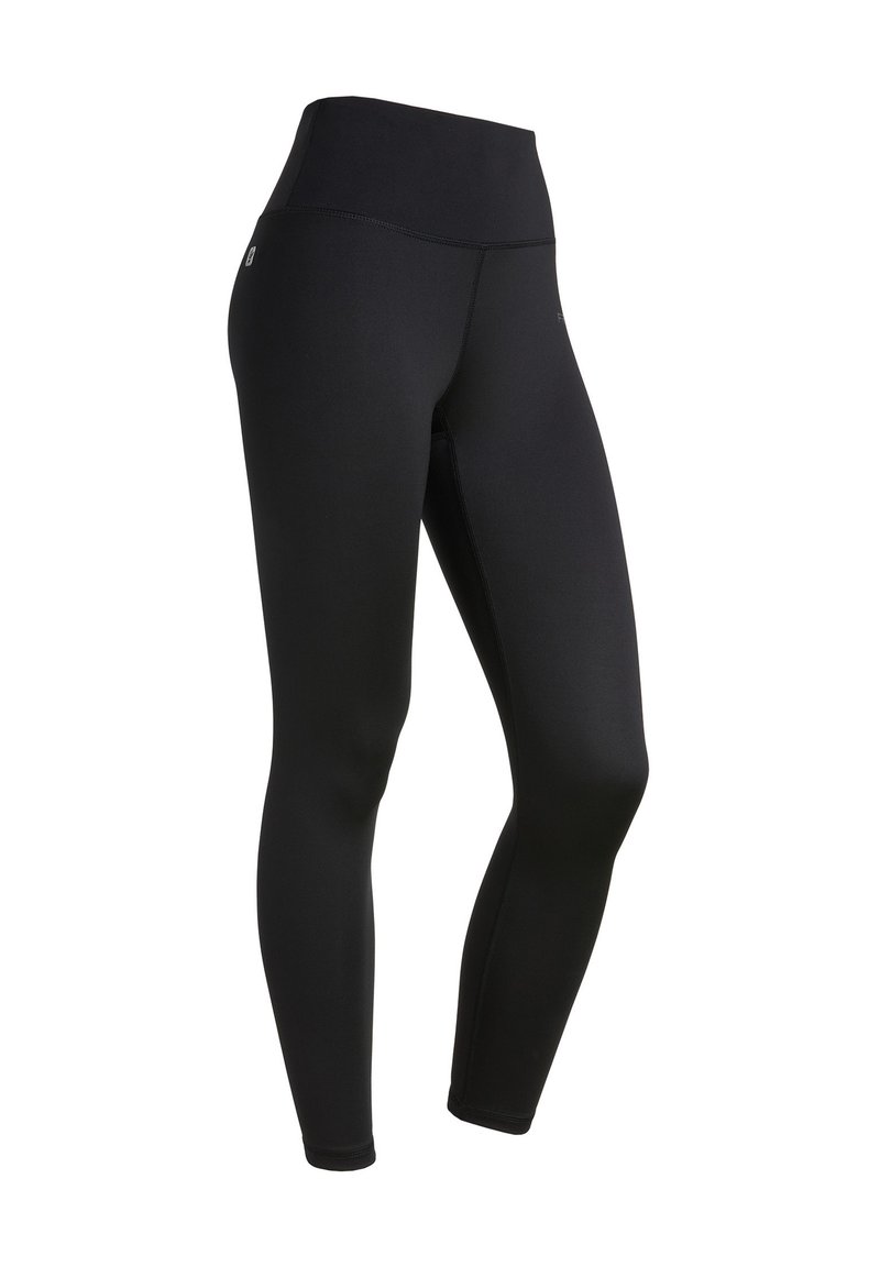 Mustat korkeavyötäröiset legginsit, jotka on valmistettu sileästä ja joustavasta kankaasta, jossa on litteät saumat, tarjoten tyylikkään muotoilun ja tiukan siluetin.