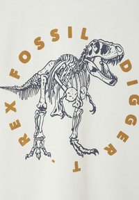 Tyrannosaurus rex Fossil-Skelettzeichnung mit den Worten "T. rex Fossilgräber" in einer kreisförmigen Anordnung.