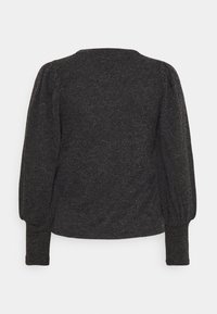 Pull en maille texturée gris foncé, avec de longues manches bouffantes et un col arrondi. La vue arrière montre une finition en tissu lisse.