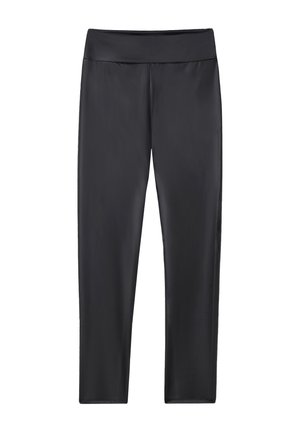 Schwarze Leggings aus glattem, dehnbarem Stoff. Hoher Bund, figurnahe Passform und knöchellang. Minimalistischer Stil ohne Verzierungen.