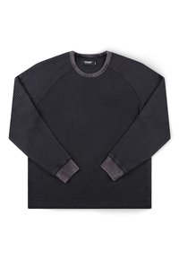 Σκούρο γκρι πουλόβερ με μακρύ μανίκι, πλεκτό με ύφανση βαφλών, με ριμπ μανσέτες και γιακά, τοποθετημένο επίπεδα.