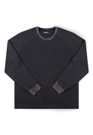 Σκούρο γκρι πουλόβερ με μακρύ μανίκι, πλεκτό με ύφανση βαφλών, με ριμπ μανσέτες και γιακά, τοποθετημένο επίπεδα.