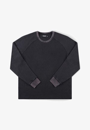 Σκούρο γκρι πουλόβερ με μακρύ μανίκι, πλεκτό με ύφανση βαφλών, με ριμπ μανσέτες και γιακά, τοποθετημένο επίπεδα.