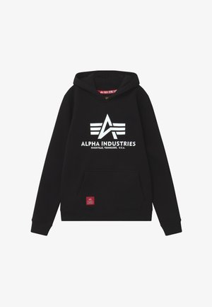 Sudadera negra de mezcla de algodón, con un gran logo blanco, bolsillo frontal y puños acanalados. Etiqueta interior roja en el cuello.